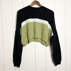 ROMWE Black, White, and Green Striped Knit Cropped Sweater. Size Large.
